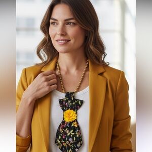 “Dainty Dapper”Floral Black and autumn Gold necktie Necklace with flower add on